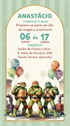 Convite de Aniversário Tartarugas Ninja Aquarela Editável
