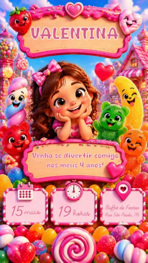 Convite de Aniversário Fini Doces Colorido para Editar