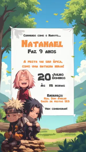Convite de Aniversário Naruto com Personagens para Editar