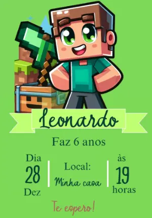 Convite de Aniversário Minecraft com Personagem para Editar