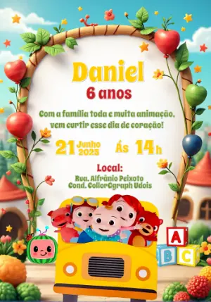 Convite de Aniversário Cocomelon com a Turma para Editar Online