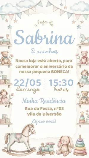 Convite de Aniversário Loja de Brinquedos Aquarela Editável