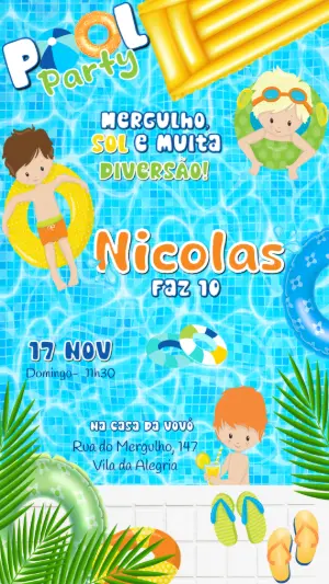 Convite de Aniversário Pool Party com Meninos para Editar Online