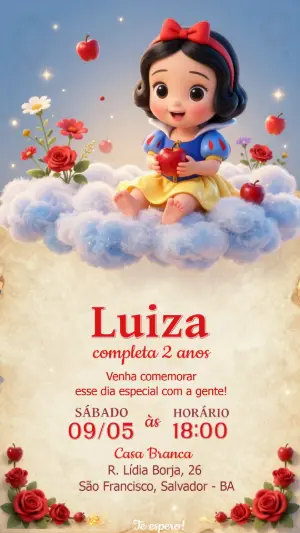 Convite Digital Branca de Neve Cute para Aniversário Infantil