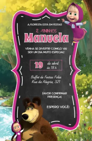 Convite Animado Masha e o Urso Floresta para Editar