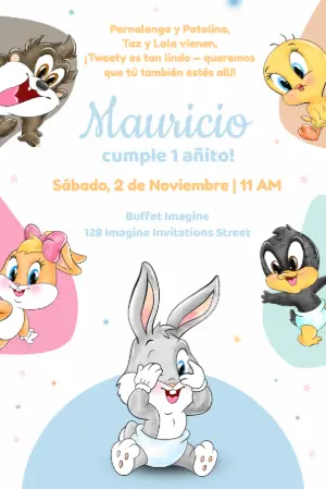 Plantilla Editable de Invitación Cumpleaños Baby Looney Tunes