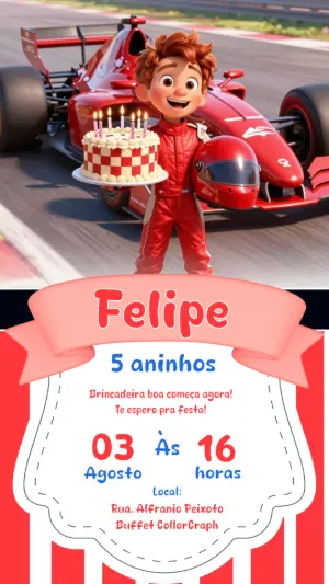 Convite de Aniversário Corrida de Carros Fómula 1 Editável