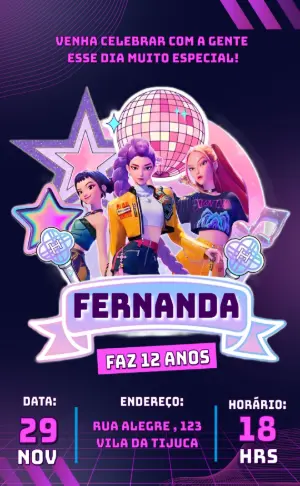 Convite de Aniversário Guerreiras do K-pop Estilo Neon para Editar Online