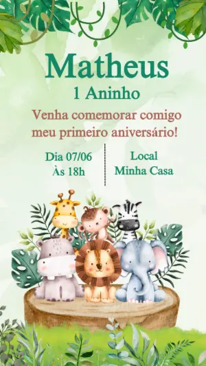 Convite Aniversário Safari com Animais Fofos para Editar Online