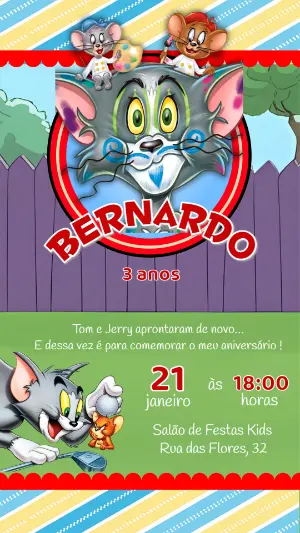 Convite Digital Infantil Tom e Jerry Modelo Editável