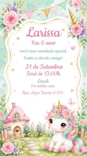Convite de Aniversário Unicórnio Jardim Encantado Editável