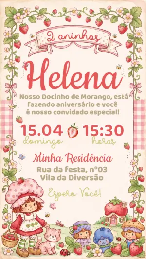 Convite de Aniversário Moranguinho Vintage Editável