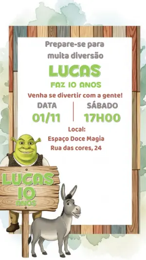Convite Aniversário Shrek com Personagens para Editar Online