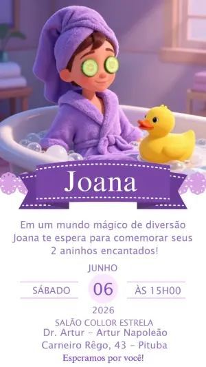 Convite de Aniversário Infantil Festa Spa Roxo Editável