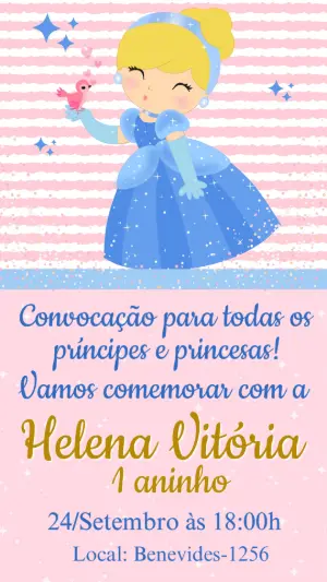 Convite de Aniversário Cinderela Fofa Editável