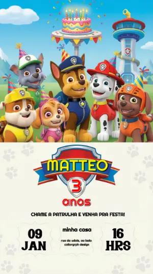 Invito di compleanno Paw Patrol – Statico – Convites Digitais Exclusivos