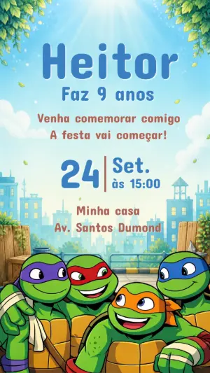 Convite Editável de Aniversário das Tartarugas Ninja