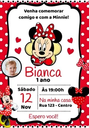 Convite Aniversário Minnie Vermelha com Foto para Editar Online