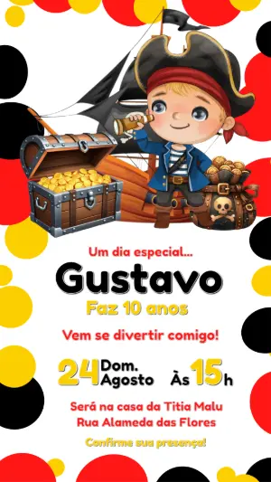 Convite de Aniversário Pirata Infantil para Editar Online