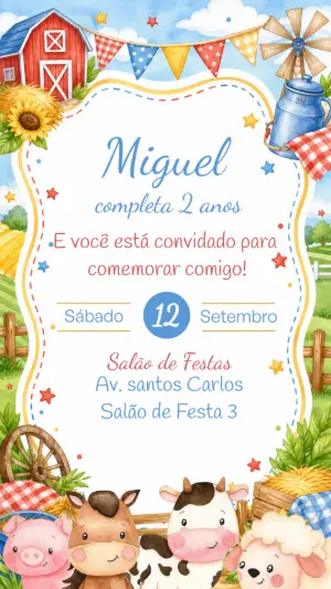 Convite de Aniversário Fazendinha Aquarela para Editar Online