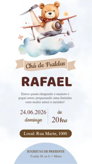 Convite Chá de Bebê Ursinho Aviador Aquarela Editável