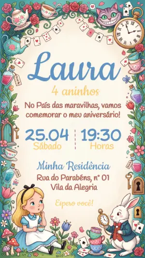 Convite Infantil Alice no País das Maravilhas para Editar