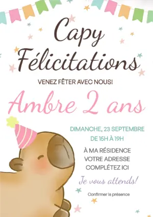 Invitation Anniversaire Capybara Mignon à Modifier en Ligne