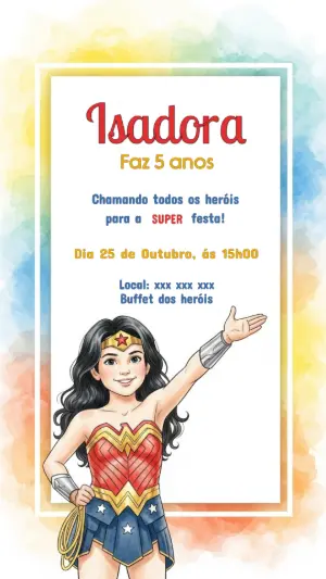 Convite Aniversário Mulher Maravilha para Editar Online