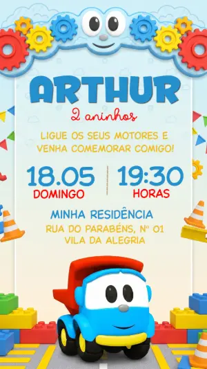 Convite de Aniversário Léo o Caminhão Colorido para Editar
