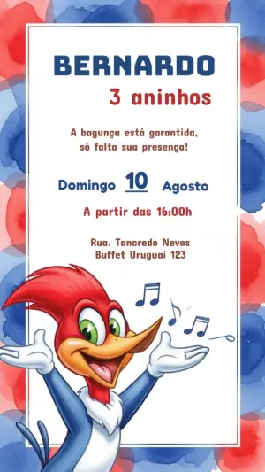 Convite de Aniversário Pica-Pau com Fundo Aquarela para Editar