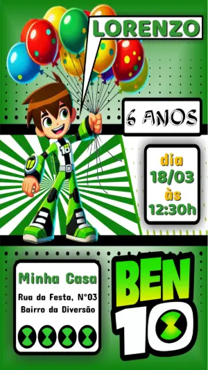 Convite de Aniversário Ben 10 Verde para Editar e Enviar