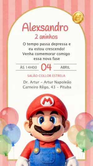 Convite de Aniversário Super Mario Infantil para Editar