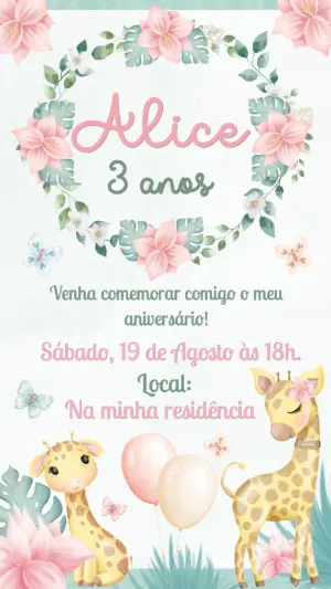Convite Digital Aniversário Menina Girafa Aquarela Editável