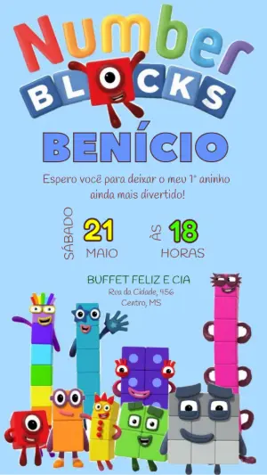 Convite de Aniversário Numberblocks Colorido para Editar
