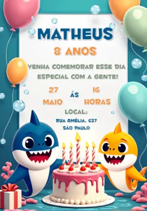 Convite de Aniversário Baby Shark com Personagens para Editar