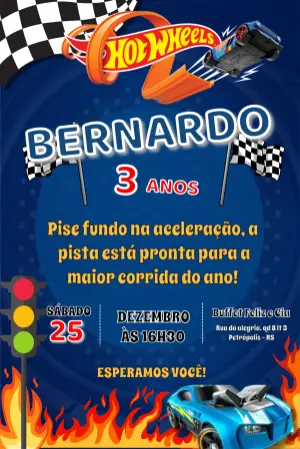 Convite de Aniversário Hot Wheels Corrida de Carros Editável