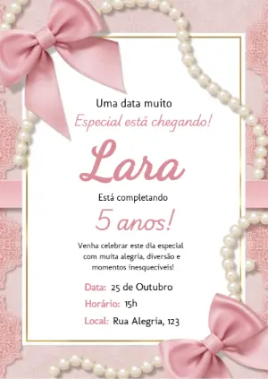 Convite de Aniversário Rosa com Laços e Pérolas Editável