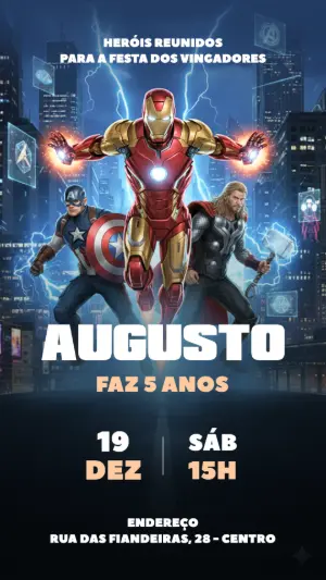 Convite Digital Vingadores Heróis para Aniversário Editável