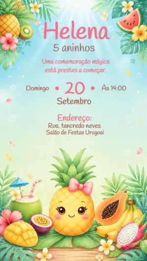 Convite de Aniversário Festa Tropical com Frutas Editável