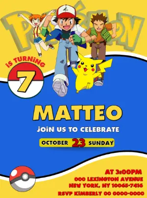 Editable Pokémon Birthday Invitation Template with Ash & Pikachu