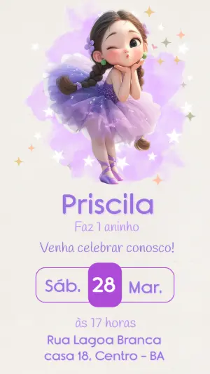 Convite de Aniversário Bailarina Lilás Delicado para Editar
