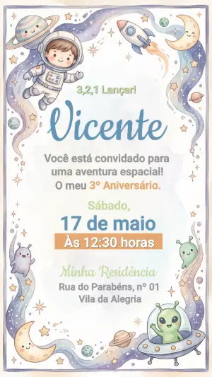 Convite de Aniversário Astronauta Aquarela Editável