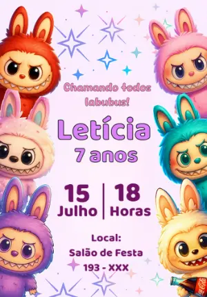 Convite Aniversário Labubu com Bonecos Fofos para Editar Online