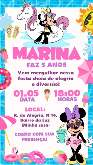 Convite de Aniversário Minnie na Piscina Modelo Editável