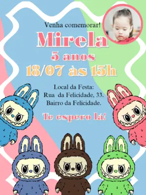 Convite Aniversário Labubu com Foto para Editar Online