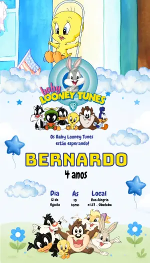 Convite Animado de Aniversário Baby Looney Tunes para Editar