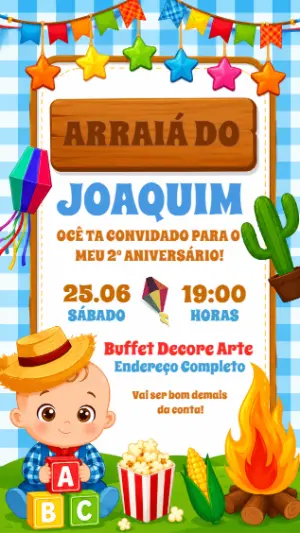 Convite de Aniversário Arraiá Infantil Colorido para Editar