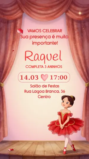 Convite de Aniversário Bailarina no Palco Vermelho Editável