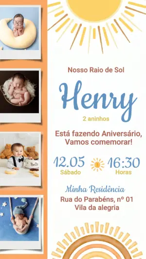 Convite de Aniversário Raio de Sol com Fotos para Editar