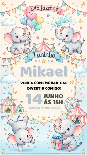 Convite de Aniversário Elefante Circo Aquarela para Editar